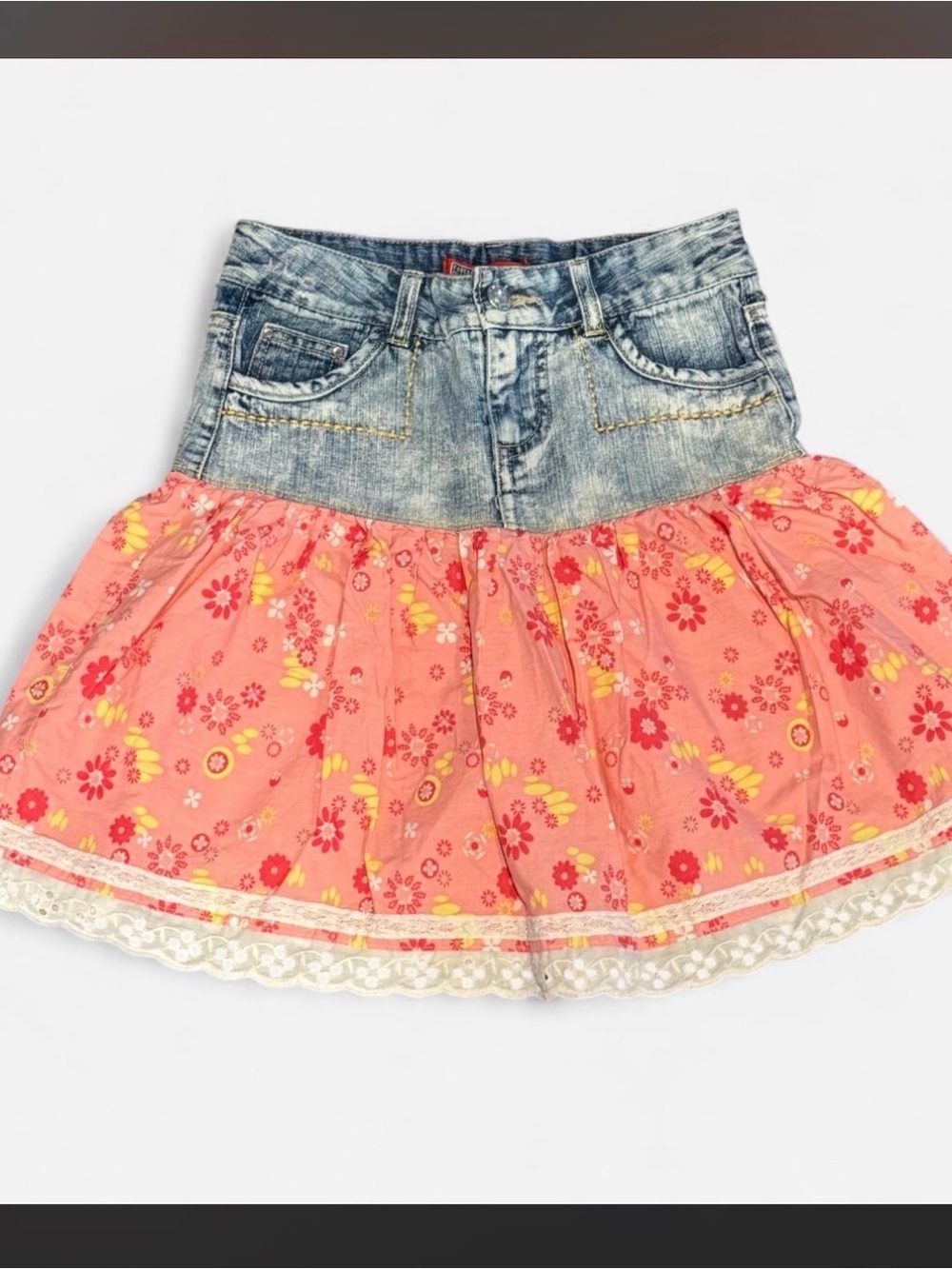 Faded Glory Denim-Waist Coral Floral Skirt with Lace Hem
